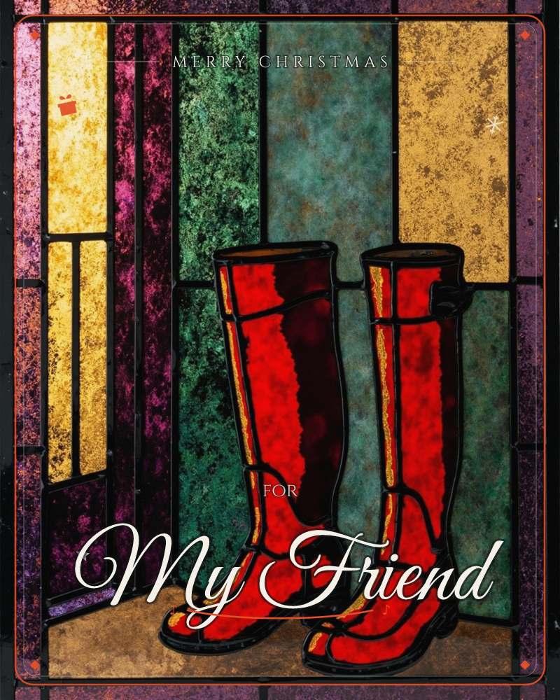 A stained-glass style panel shows a pair of tall red boots standing side by side against a backdrop of mottled amber, magenta and teal glass panes, all…, a christmas e-card design