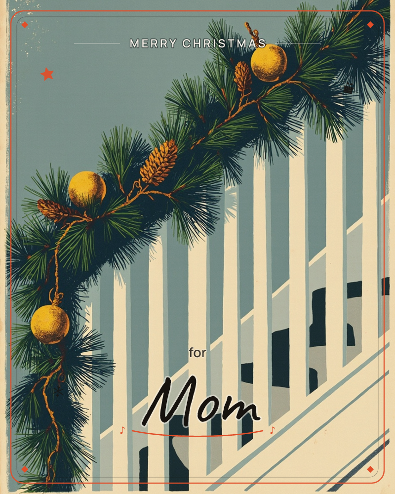 A pine garland studded with pinecones and round gold ornaments winds diagonally down a white staircase banister, a christmas e-card design