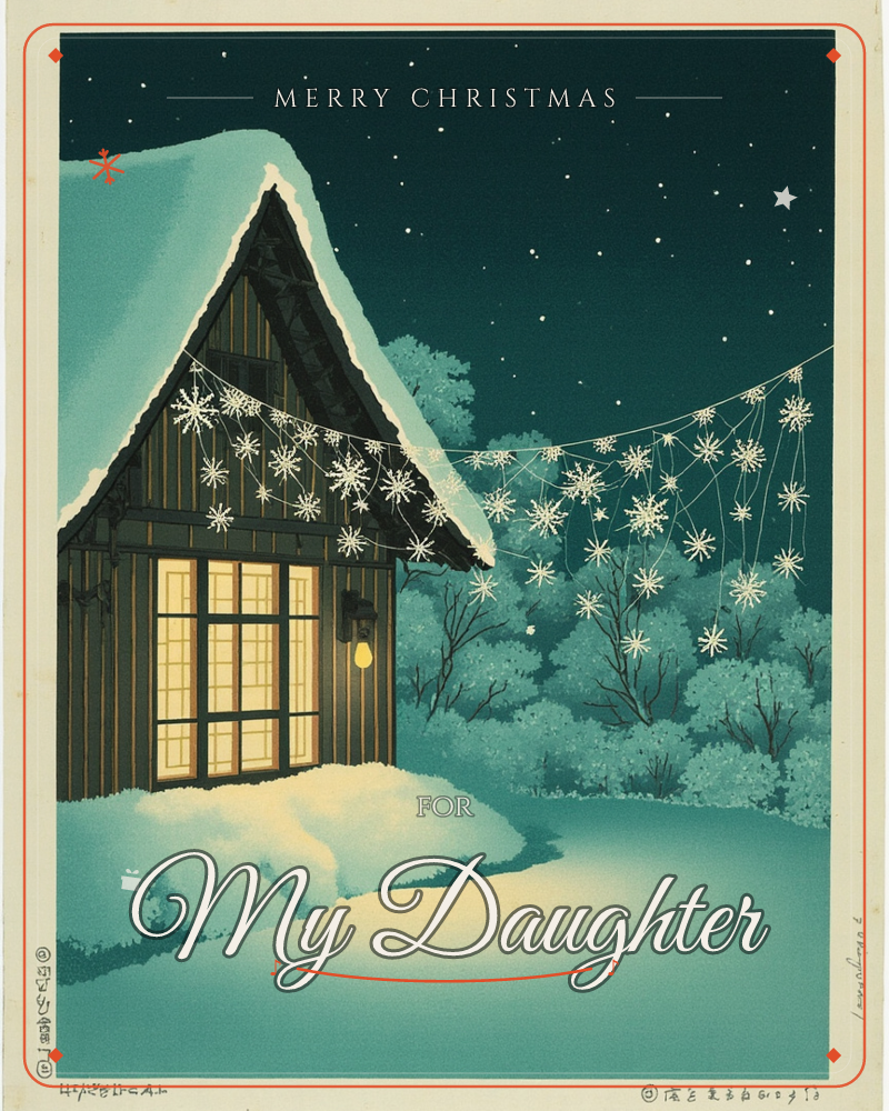 A snow-capped cabin glows from within, its windows spilling warm golden light onto a drift of fresh snow, a christmas e-card design