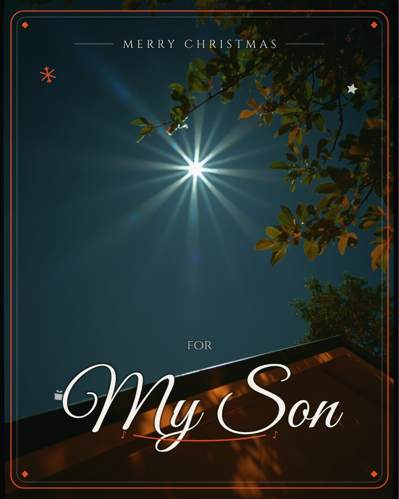 A brilliant starburst of sunlight pierces a deep teal-blue sky, framed by dark overhanging leaves at the top and the edge of a warm terracotta rooftop…, a christmas e-card design