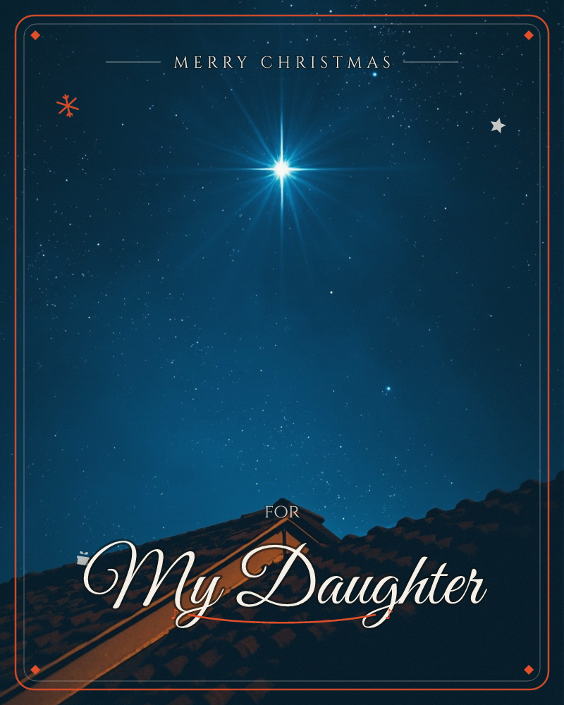 A brilliant star blazes over a dark tiled rooftop, its light scattering into a diamond flare against a deep blue, star-scattered night sky, a christmas e-card design