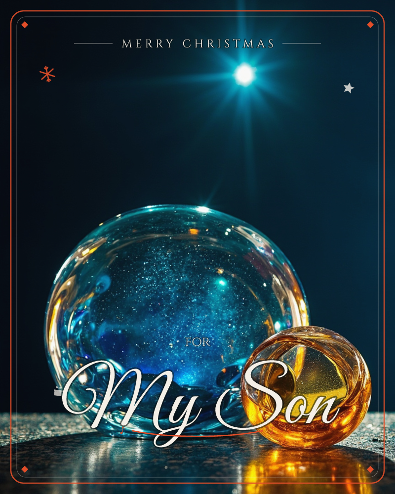 A dark scene lit by a single starburst of white light overhead, shining down on two glass orbs resting on a dark stone surface, a christmas e-card design