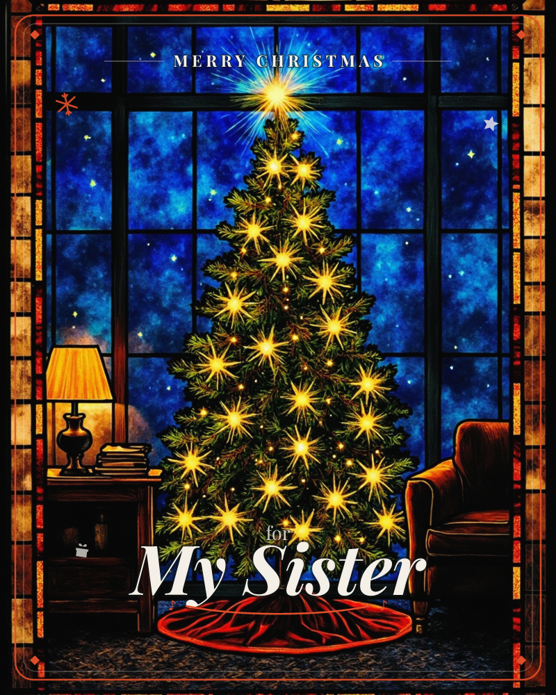 A glowing Christmas tree stands before a vast, star-filled window that resembles deep blue stained glass, its lights bursting into golden starbursts…, a christmas e-card design