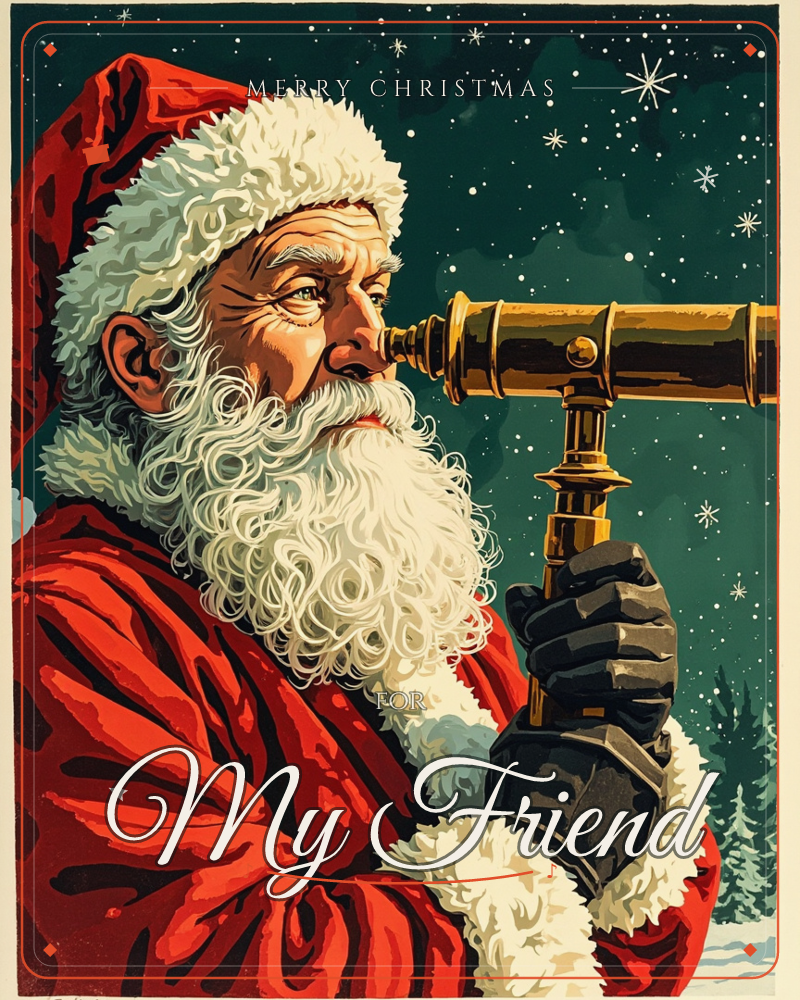 Santa Claus is shown in close profile against a deep teal, star-studded night sky, peering intently through a brass telescope, a christmas e-card design