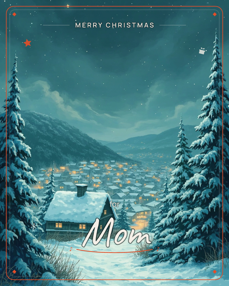A snow-covered mountain village glows with warm window lights beneath a starry night sky, framed by tall frosted pine trees, a christmas e-card design