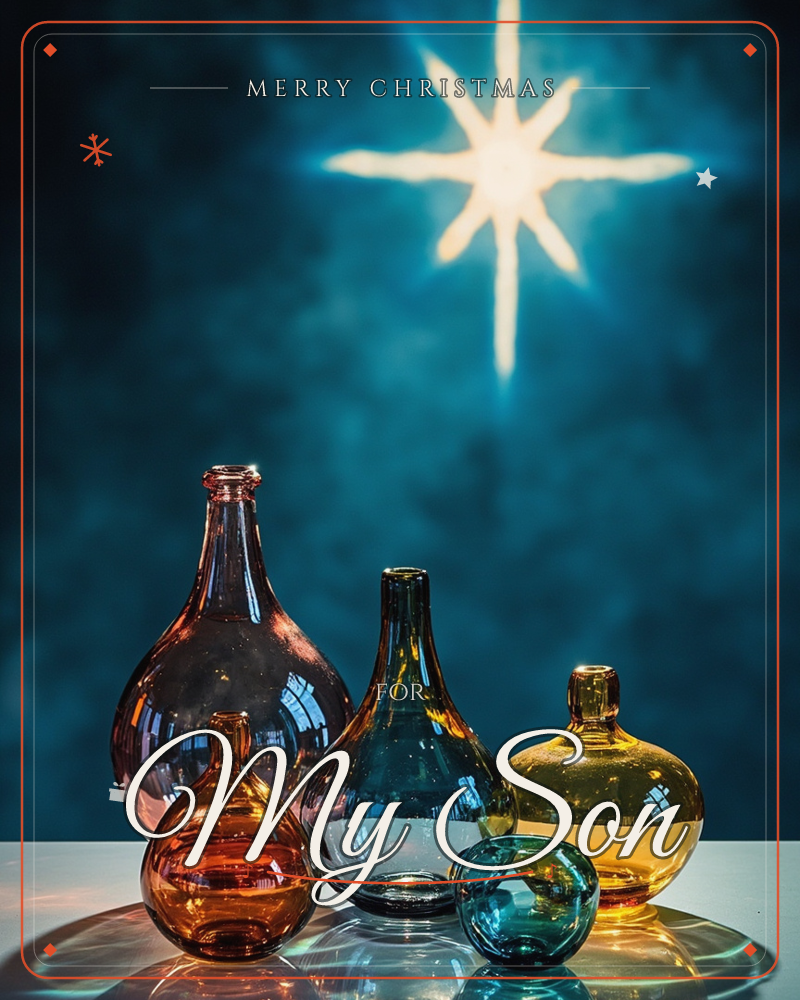 A cluster of coloured glass bottles and orbs, in amber, teal, and gold, stands on a reflective white surface against a smoky deep-blue backdrop, a christmas e-card design