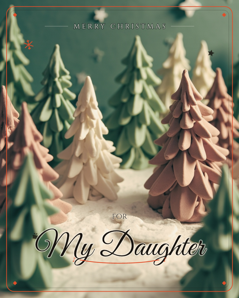 A miniature forest of sculpted clay pine trees in sage green, cream, and clay-pink stands on a bed of textured white sand, with tiny paper stars…, a christmas e-card design