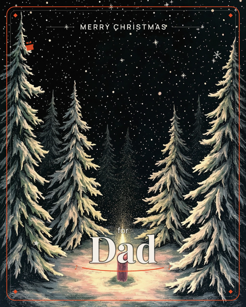 A single red candle burns in a snowy clearing surrounded by tall, frost-tipped pine trees under a night sky thick with stars, a christmas e-card design