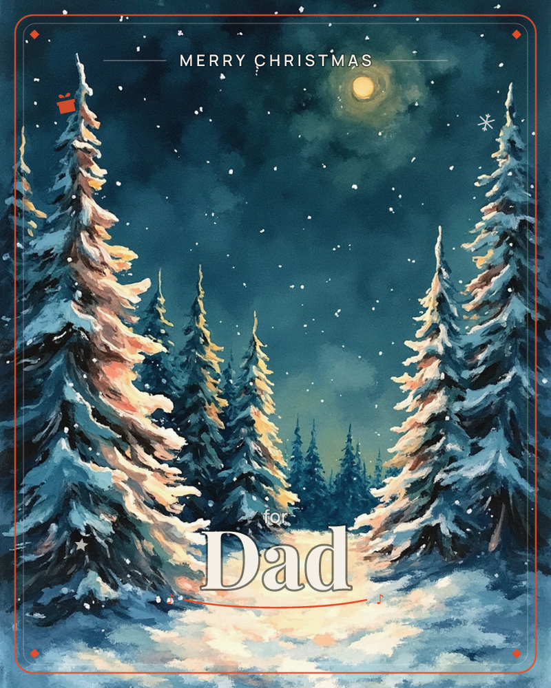 A snow-laden pine forest opens onto a moonlit clearing, the path glowing gold where lamplight-warm snow meets deep midnight blue, a christmas e-card design