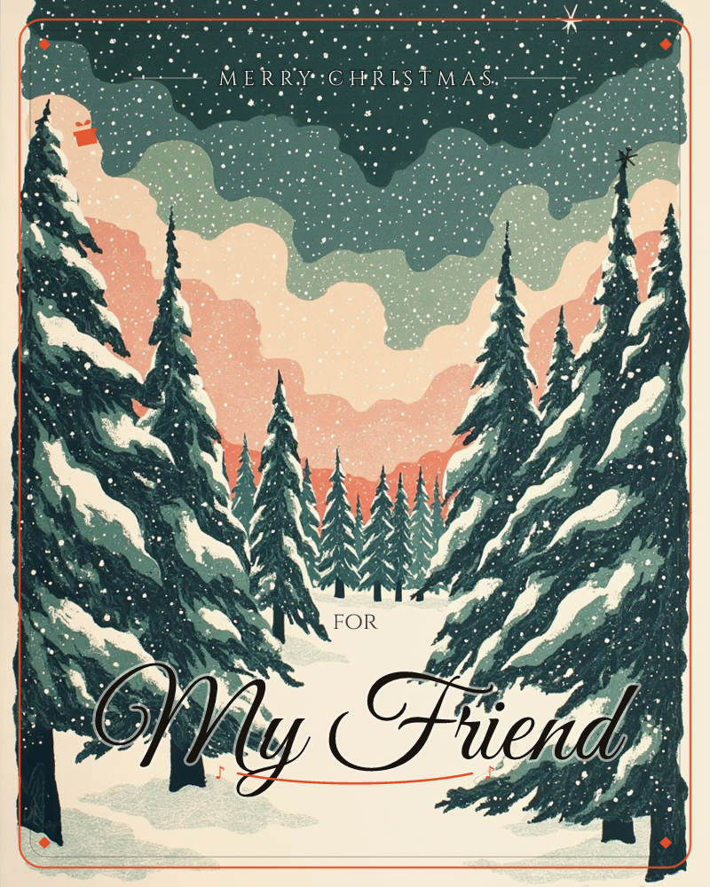 A snow-laden pine forest opens onto a clearing beneath a banded sky of deep green, sage, and coral, with a single bright star piercing the darkness above, a christmas e-card design