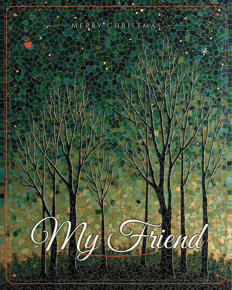A mosaic-style forest scene shows a row of slender bare trees standing against a night sky built from thousands of tiled fragments of green, teal and gold, a christmas e-card design