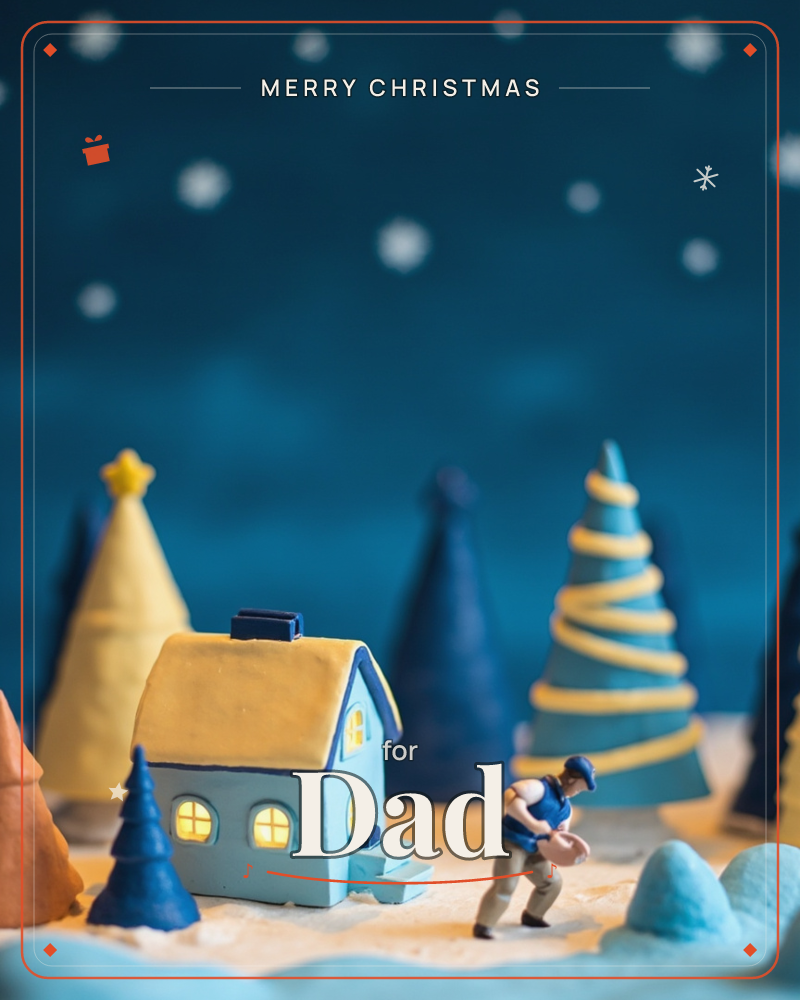 A miniature winter village glows against a deep teal night sky dotted with soft falling snow, a christmas e-card design