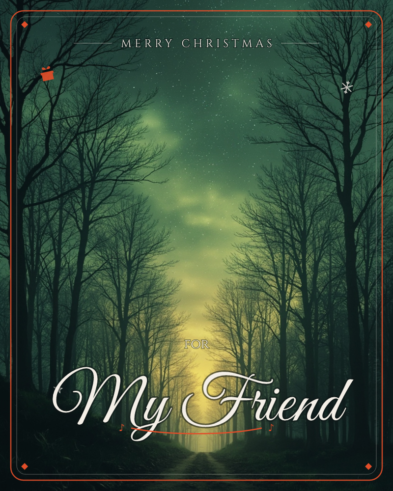 A bare, dirt path cuts straight through a dense avenue of tall silhouetted trees, leading toward a distant glow of golden light on the horizon, a christmas e-card design