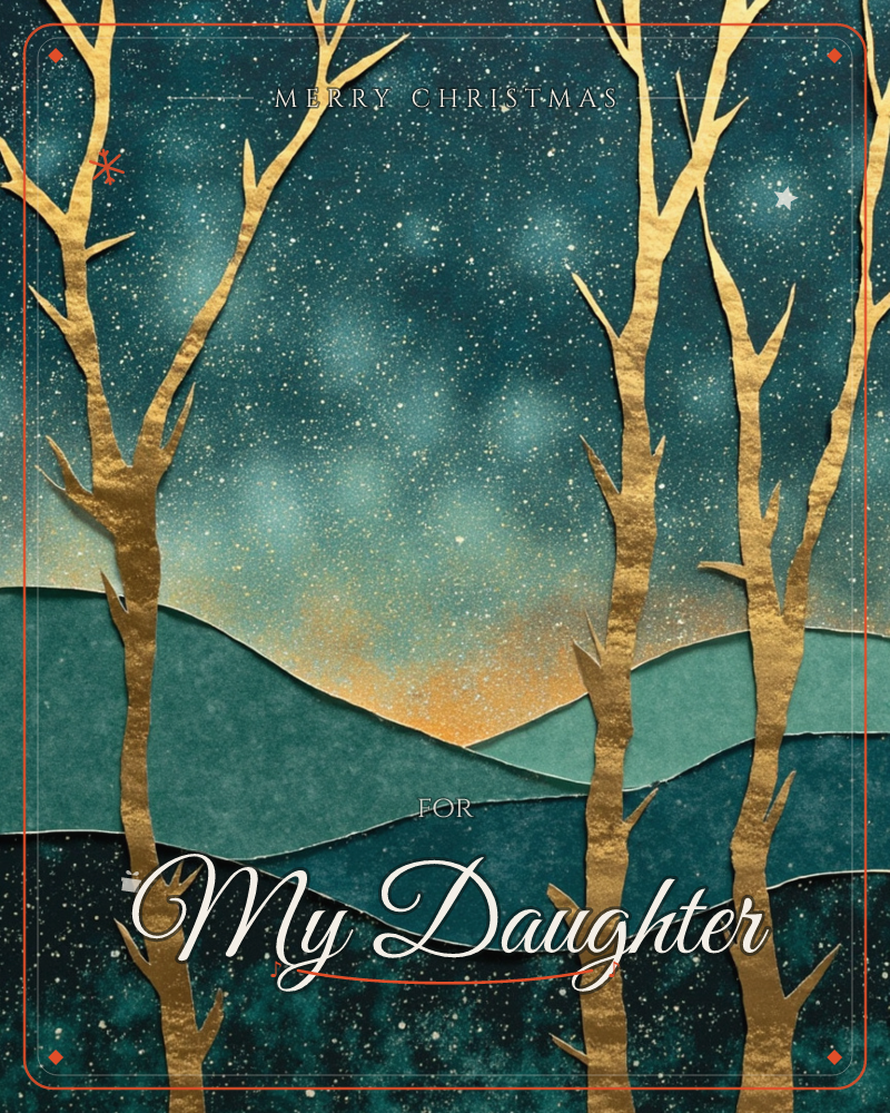 A layered paper-cut landscape shows bare gold trees rising against a deep teal sky scattered with starlight, a christmas e-card design