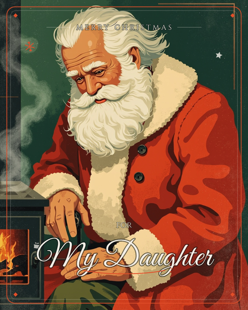 Santa Claus sits close to a small wood-burning stove, warming his hands near the open firebox as flames glow inside and a thin trail of smoke curls upward, a christmas e-card design