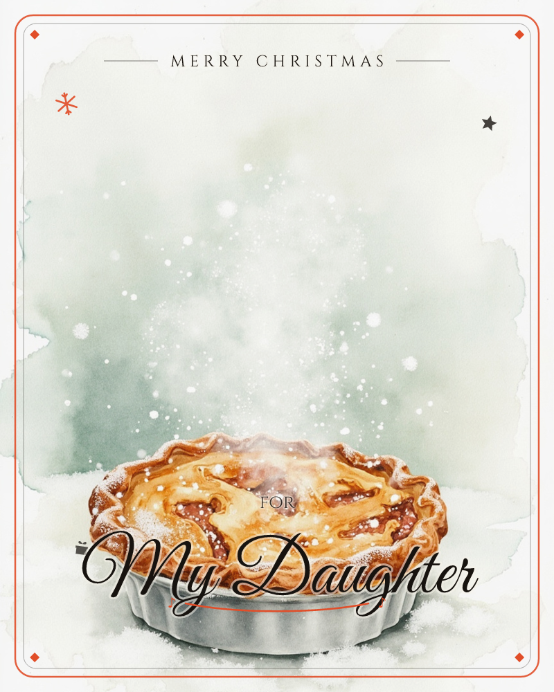 A golden-crusted pie sits fresh from the oven, its lattice top dusted with sugar and steam drifting upward into a soft grey-green watercolour haze, a christmas e-card design