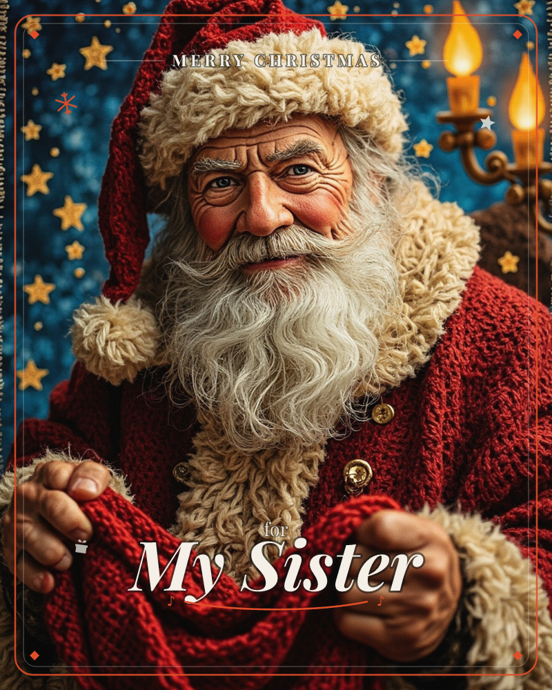 A close-up portrait of Santa Claus in his fur-trimmed red coat and cap, his white beard and weathered smiling face lit warmly against a deep blue night…, a christmas e-card design