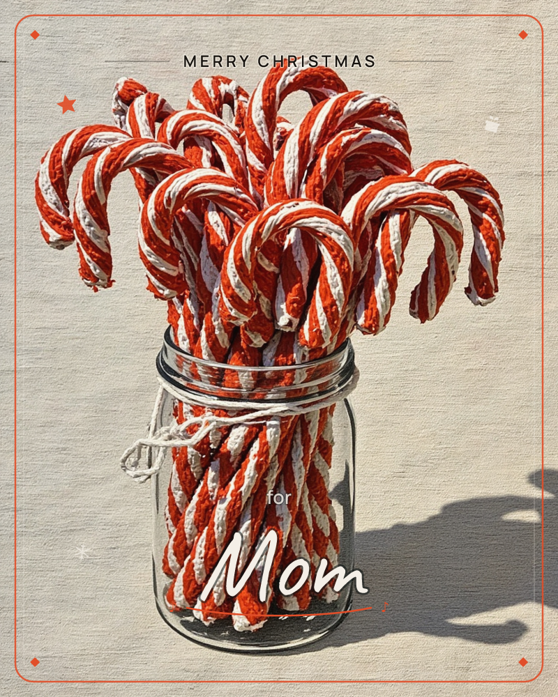 A glass mason jar is packed tight with red-and-white striped candy canes, their hooked ends fanning out like a bouquet, a christmas e-card design