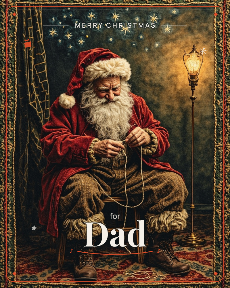 Santa sits on a low wooden stool in a dim, star-flecked corner, his red velvet coat and fur-trimmed boots glowing beside a tall brass lamp, a christmas e-card design