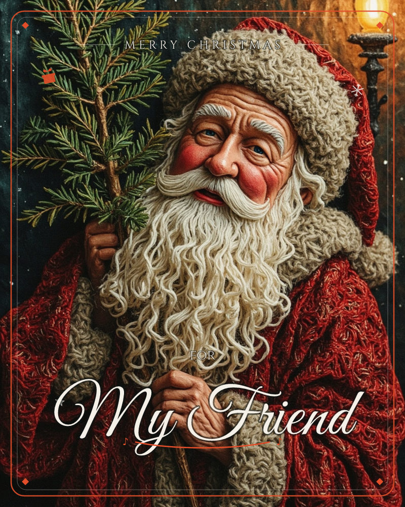 A close-up portrait of Santa Claus with a thick curling white beard and rosy cheeks, dressed in a richly textured red velvet robe trimmed with cream fur, a christmas e-card design