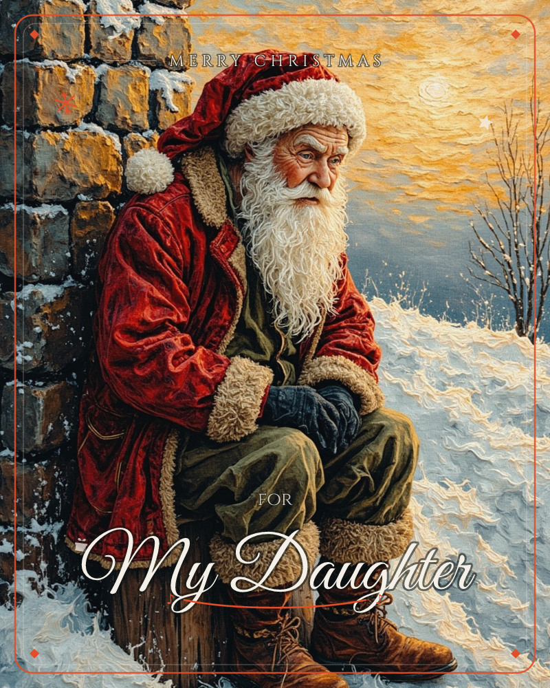 Santa Claus sits alone on a wooden post beside an old stone wall, resting after a long night, his long white beard catching the glow of a golden winter…, a christmas e-card design