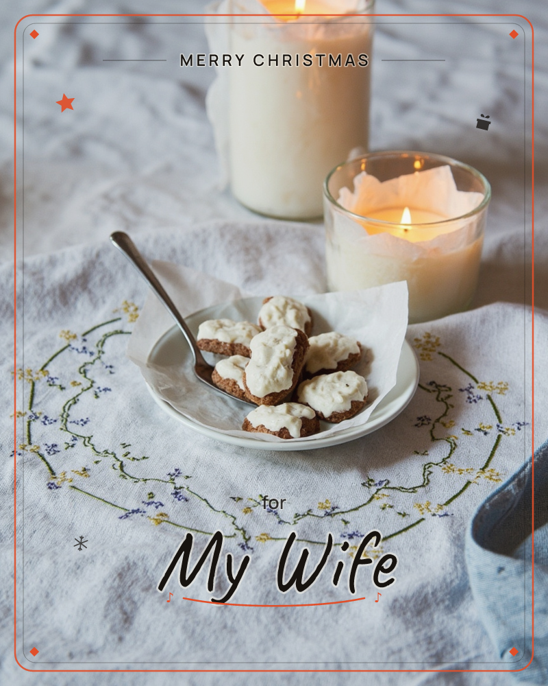 A photograph of iced heart-shaped biscuits piled on a white plate, resting on parchment paper and a linen cloth embroidered with a delicate wreath of…, a christmas e-card design