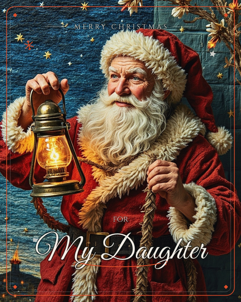 Santa Claus stands close against a starry midnight-blue backdrop, holding up a glowing brass lantern in one hand and a gnarled wooden staff in the other, a christmas e-card design