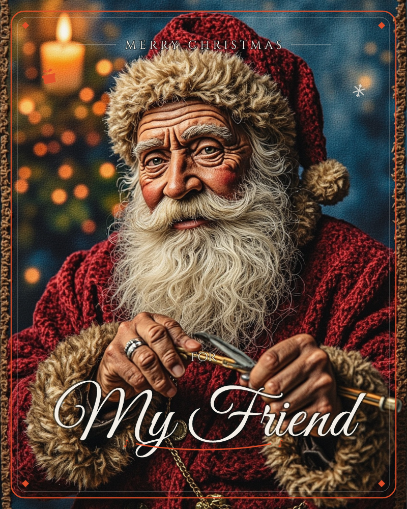 A close-up portrait of Santa Claus in his fur-trimmed red coat and hat, his weathered face lit warmly by a candle glowing behind a blurred, twinkling…, a christmas e-card design