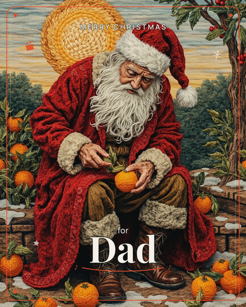 Santa Claus kneels in a walled garden of orange trees, gently holding a ripe orange with a spiral woven sun glowing behind him, a christmas e-card design