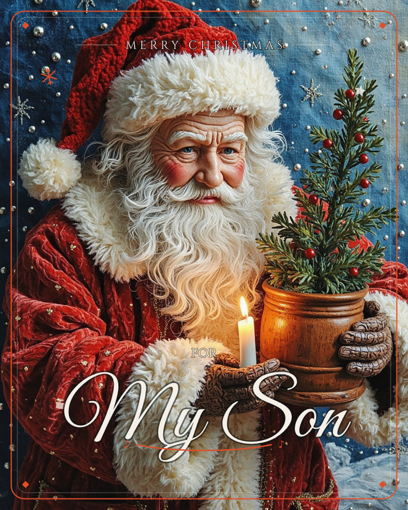 A close-up portrait of Santa Claus in a plush red velvet coat and fur-trimmed cap, cradling a lit candle in one gloved hand and a small potted…, a christmas e-card design