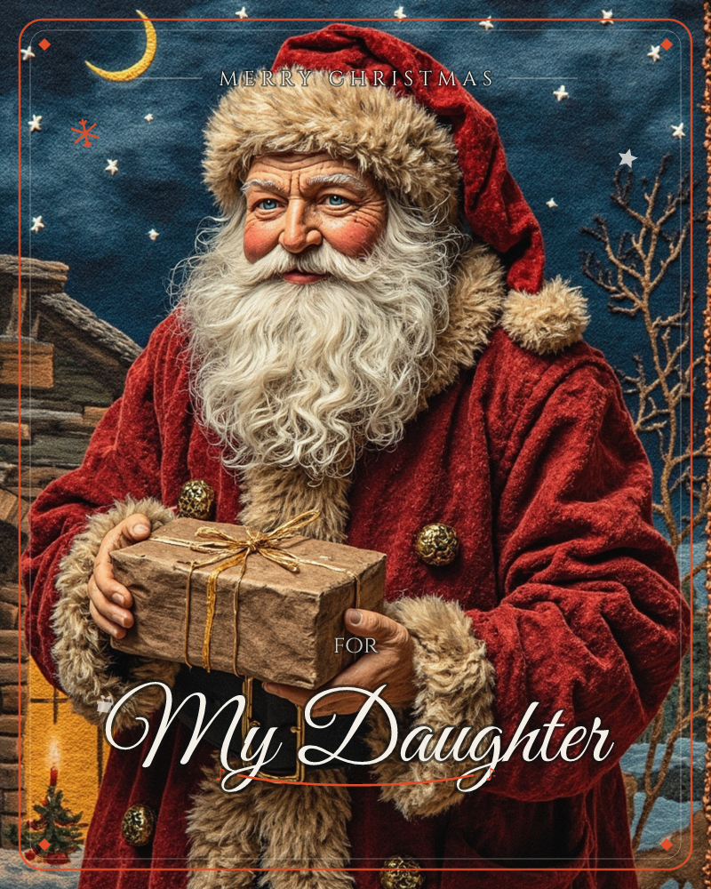 Santa Claus stands close against a deep midnight-blue sky scattered with stars and a crescent moon, holding a brown paper gift tied with gold string, a christmas e-card design