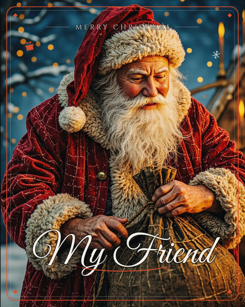 A man dressed as Santa, with a long white beard and fur-trimmed red velvet coat, stands outdoors tying the drawstring of a worn burlap sack, a christmas e-card design
