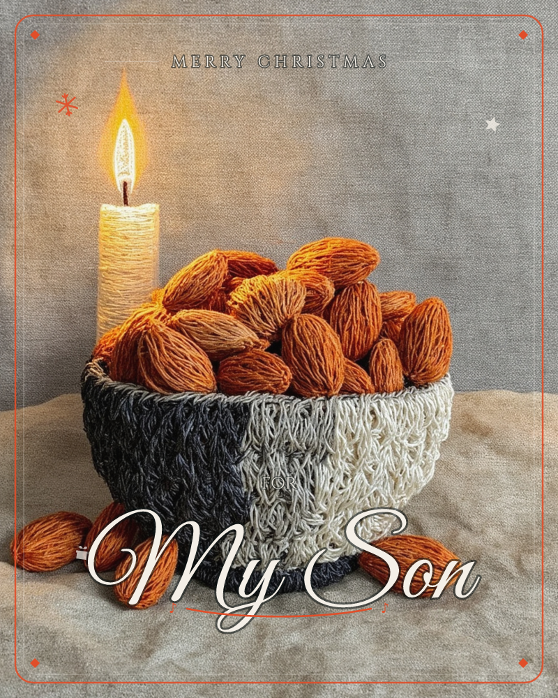 A woven bowl in charcoal and cream holds a heap of almonds crafted from tightly wound orange and brown thread, with a few spilling onto the linen…, a christmas e-card design