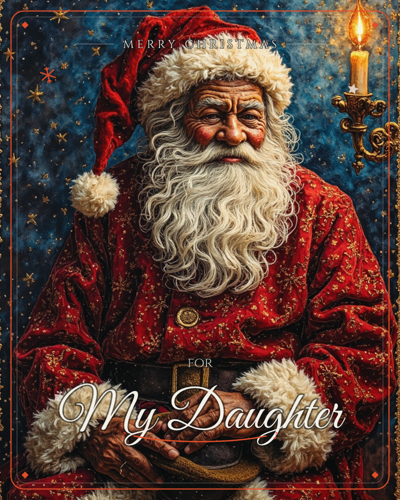 Santa Claus sits in close portrait view, his long curling white beard and fur-trimmed red robe catching flecks of gold glitter against a deep starry…, a christmas e-card design