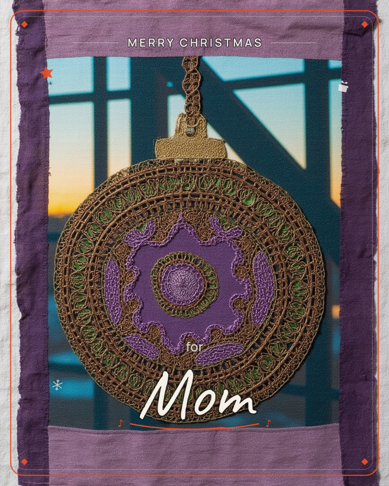 A round, medallion-like ornament crocheted in gold, purple and green threads hangs against a photo backdrop of steel bridge girders lit by a dusky…, a christmas e-card design