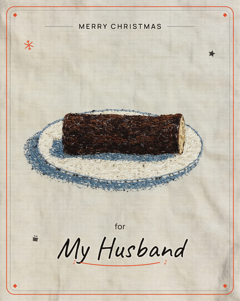 An embroidered chocolate log cake sits on a plain white plate with a blue-stitched rim, worked in dense thread textures against a raw linen background, a christmas e-card design