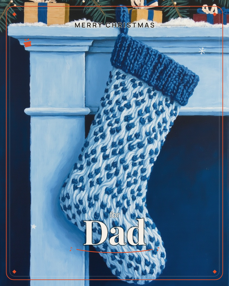 A chunky knit stocking in blue and white hangs from a pale blue mantelpiece, its ribbed cuff folded over the ledge, a christmas e-card design