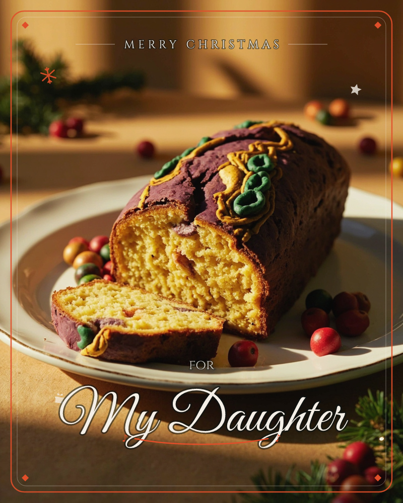 A sliced loaf cake sits on a white plate, its dark chocolate-glazed crust decorated with piped green and gold marzipan holly leaves and berries, a christmas e-card design