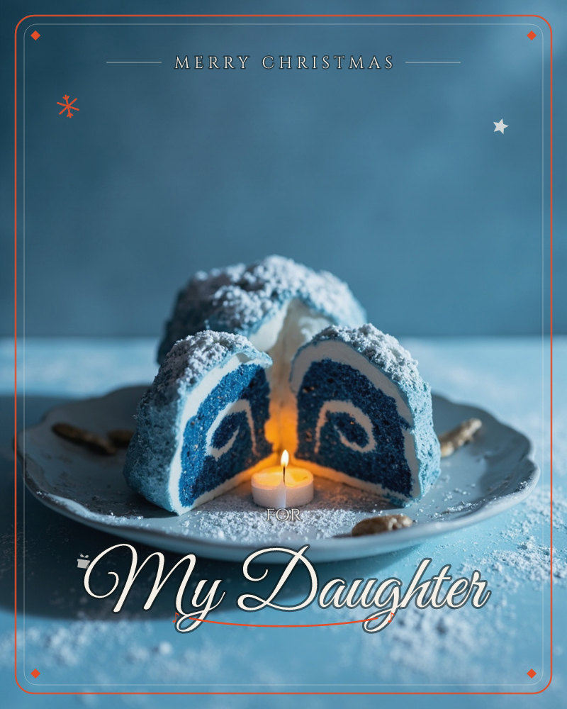 A blue swirl-patterned cake sits sliced open on a plate, its spiral centre glowing from a lit tealight candle tucked between the pieces, a christmas e-card design
