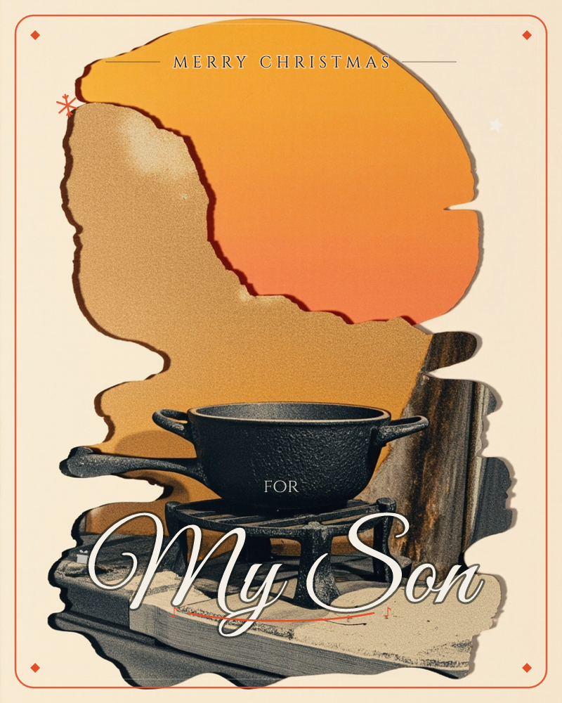 A black cast-iron pot with two curved handles sits on a low tripod stand, set against a torn-paper collage of a glowing orange-to-red sunset, a christmas e-card design