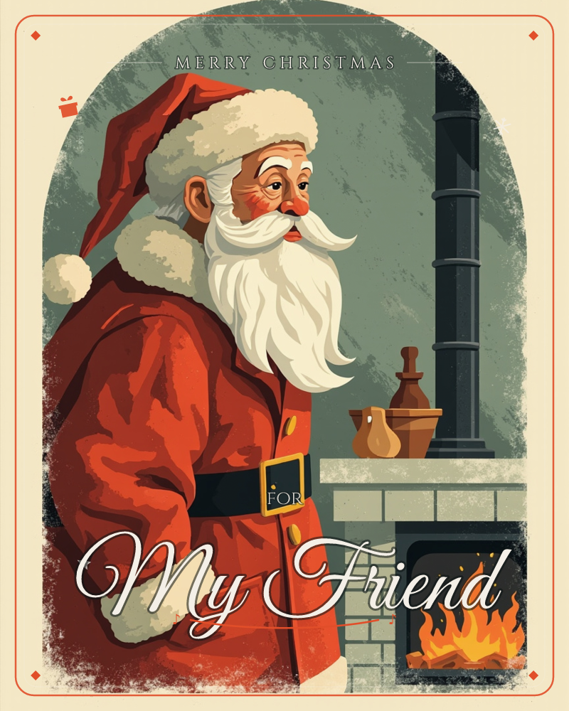 A retro-styled illustration frames Santa Claus in profile beside a lit brick fireplace, his red coat and white beard rendered in bold vintage tones, a christmas e-card design
