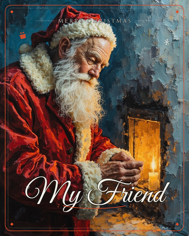 A weathered Santa in a thick red coat leans close to a small stone alcove, warming his hands over a single lit candle glowing inside it, a christmas e-card design