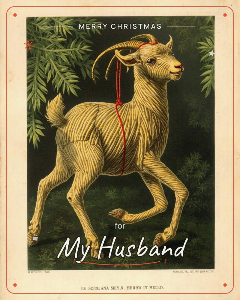 A vintage botanical-style print shows a straw-woven goat figure with long curling horns, trotting through dark evergreen foliage with a red cord looped…, a christmas e-card design