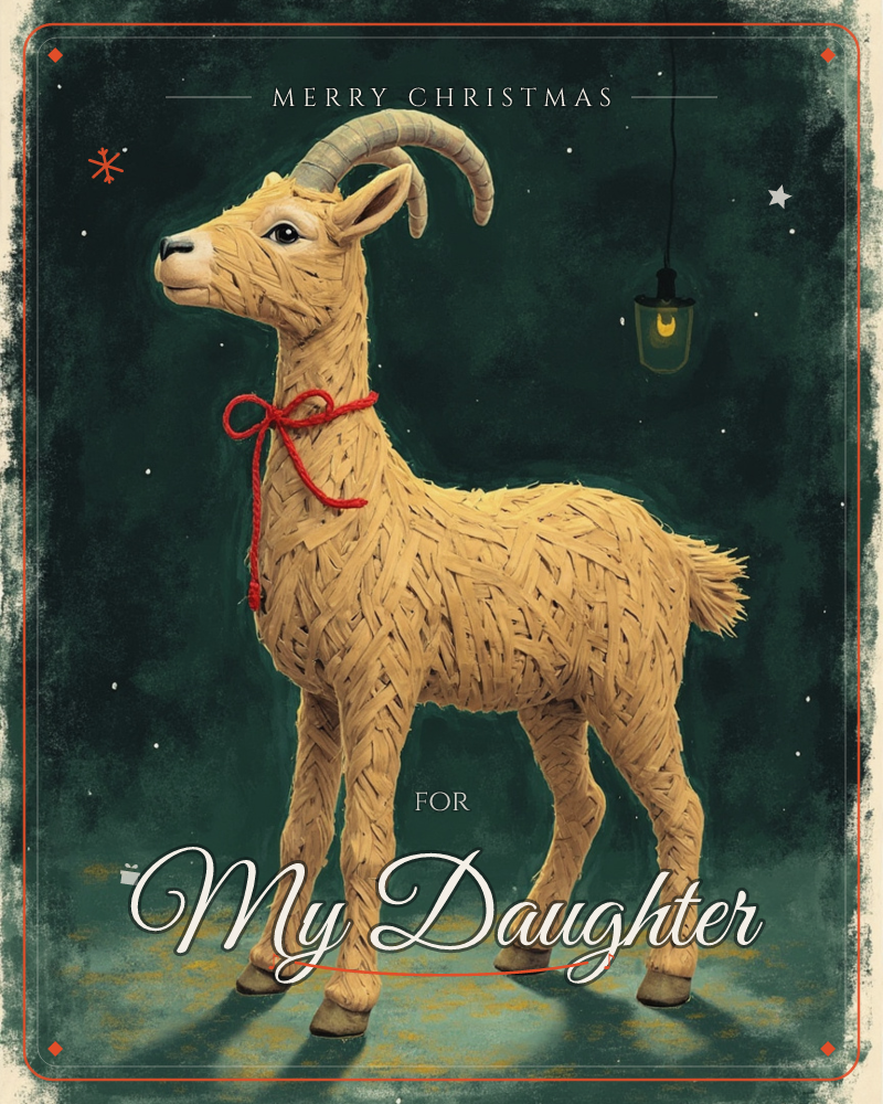 A straw goat figure with curling horns and a red string bow stands against a deep teal night sky scattered with tiny stars, a single lantern glowing…, a christmas e-card design