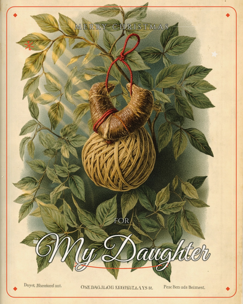 A woven ball of golden straw hangs from a curved horseshoe of twisted twigs bound with a scarlet cord, set against a dense backdrop of leafy branches, a christmas e-card design