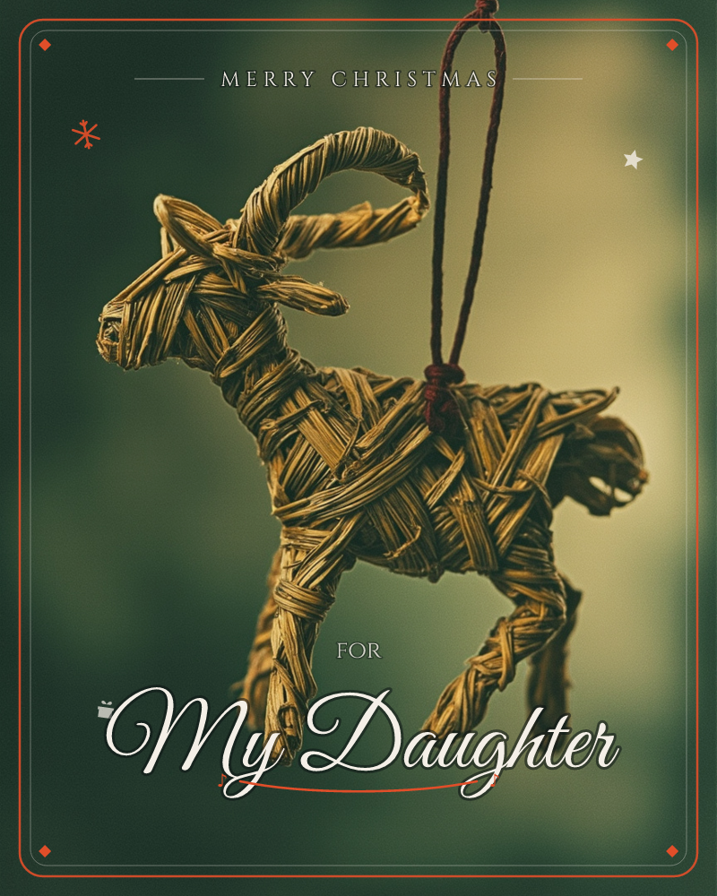 A small ornament shaped like a curled-horn goat, woven entirely from straw and bound with twisted twine, hangs from a dark cord against a moody, softly…, a christmas e-card design