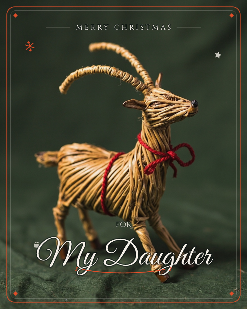 A traditional straw Yule goat ornament stands against a deep green fabric backdrop, its woven body bound with a bright red cord around the middle and neck, a christmas e-card design