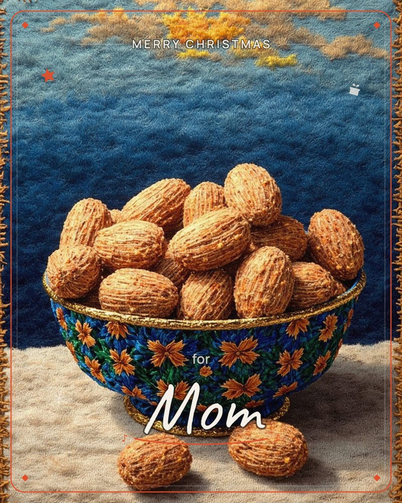 A textile-style still life shows a decorated blue and gold bowl painted with orange daisy-like flowers, heaped full of ridged, oval almond-shaped nuts…, a christmas e-card design