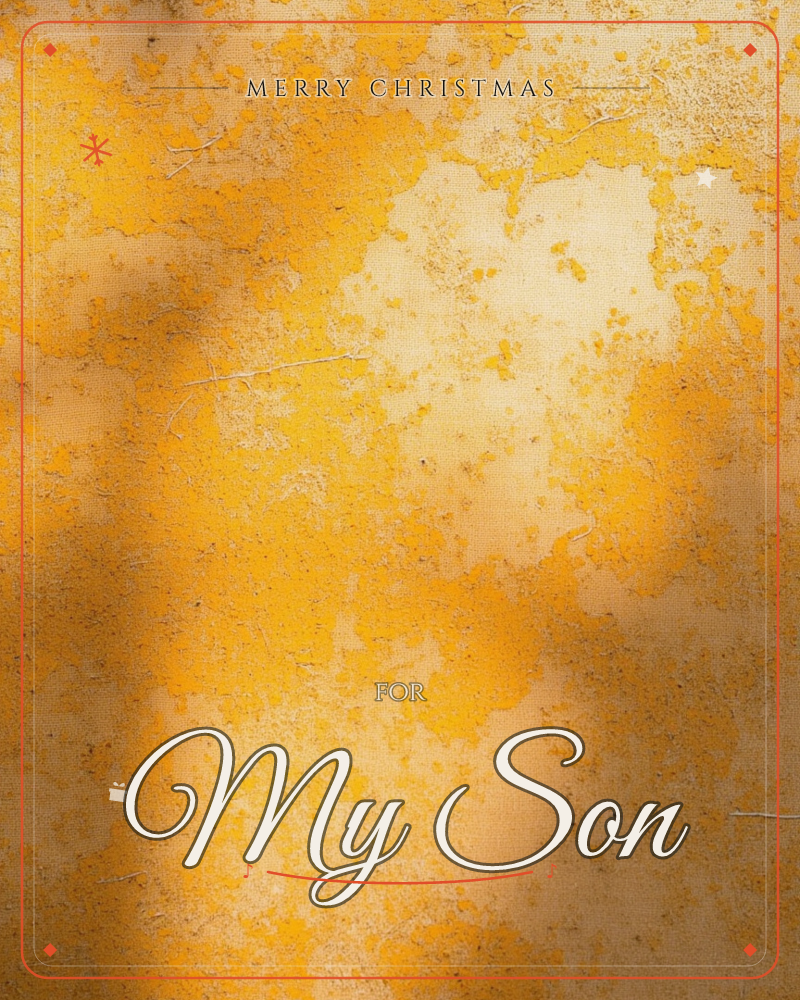 A weathered, textured surface glows with mottled patches of marigold and amber, as if sunlight and rust have bloomed across old plaster or canvas, a christmas e-card design