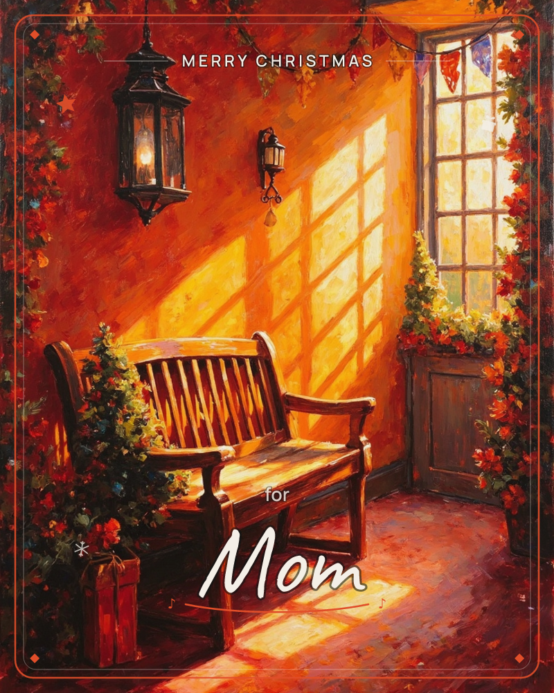 A sunlit alcove glows in deep amber and red as light streams through a paned window, casting warm lattice shadows across the wooden floor and bench, a christmas e-card design